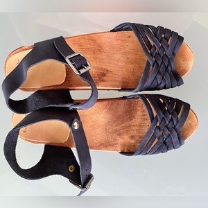 New, unworn, handmade clog sandals. Navy nubuck, wood, rubber soles.